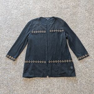 Ming Wang Eyelet Statement Cardigan Black Gold Grommets Size XL